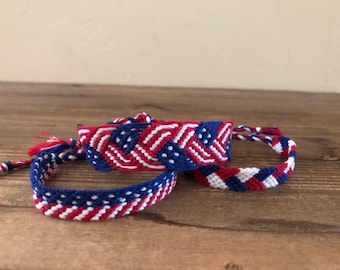 American Flag Patriotic Woven Friendship Bracelets, Independence Day, Red/White/Blue, Adjustable, Set of 2