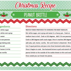 May include: A Christmas recipe card for peanut brittle. The card features a green and red color scheme with the title "Christmas Recipe" and "PEANUT BRITTLE". It lists ingredients and directions for making the candy.