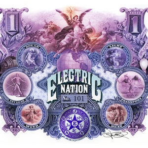 Currency Art - Electric Nation Certificate - Political Art, Money Art, stock certificates