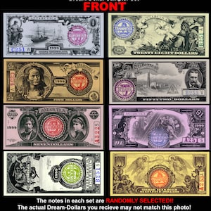 Peut inclure: Un ensemble de dix billets de banque de style vintage colorés avec des images de la nature et de personnages historiques. Les billets portent les mentions "Dream-Dollar Sampler Set" et "Antarctica".