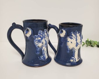 Coffee Mug Set Midnight Blue Clay His/Her Coffee Mug Set with raised moon/tree design. Fully glazed for use.