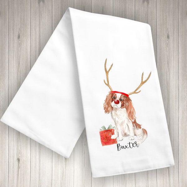 Cavalier King Charles Spaniel Christmas kitchen towel with free personalization- Pic of your pet option-see listing for other dogs available