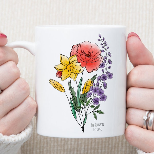Custom Watercolor Birth Flowers Mug, Personalized Birth Month Flower Bouquet, Family Flower Mugs, Personalized Gifts, Botanical Camping Mug