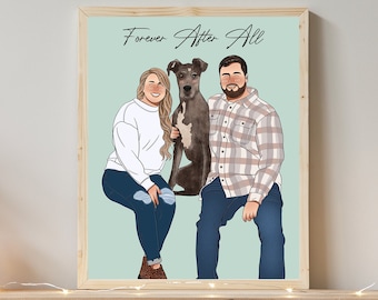 Personalisiertes Paar Portrait mit Haustier Süßes Paar Geschenk Paar Illustration Familienportrait personalisiertes Geschenkportrait vom Foto Valentinstag Geschenk