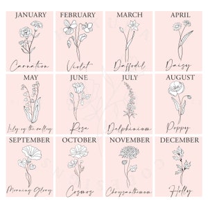 May include: A chart featuring a flower illustration for each month of the year. The flowers are drawn in black and white on a pink background. The months are listed in a column on the left side of the chart, and the flower names are listed below each illustration.