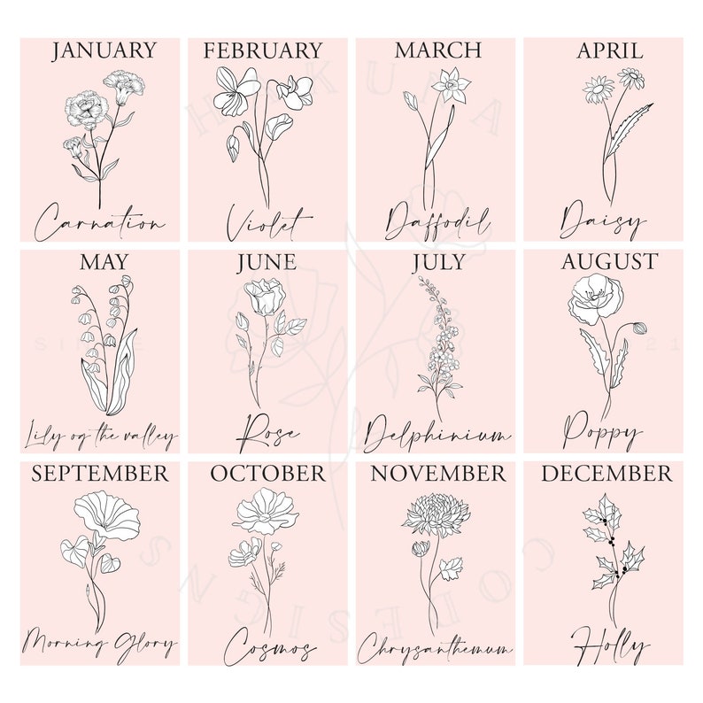 May include: A chart featuring a flower illustration for each month of the year. The flowers are drawn in black and white on a pink background. The months are listed in a column on the left side of the chart, and the flower names are listed below each illustration.
