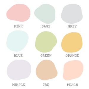 May include: A chart of nine colour swatches, each with a name below. The colours are pink, sage, grey, blue, green, orange, purple, tan, and peach.