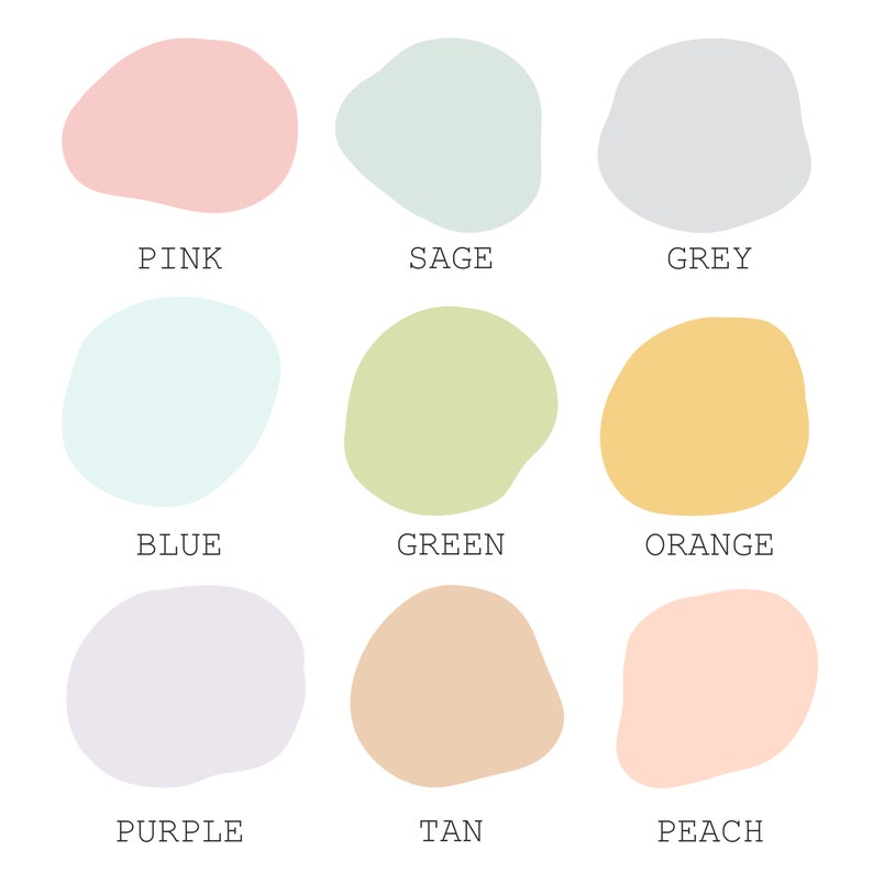 May include: A chart of nine colour swatches, each with a name below. The colours are pink, sage, grey, blue, green, orange, purple, tan, and peach.