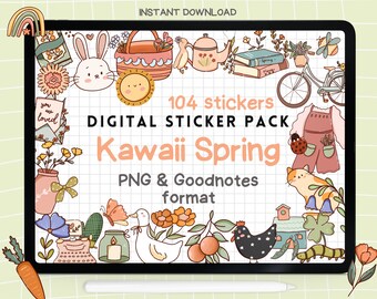 Kawaii Spring Digital Stickers, Cute Goodnotes Stickers, Digital Sticker Bundle for GoodNotes, Cottagecore Digital Stickers, Ipad Stickers