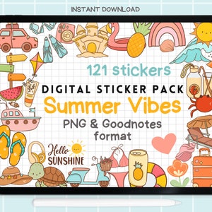 Summer Vibes Digital Stickers, Summer Goodnotes Stickers, Seasonal Digital Stickers, Beach Pre-cropped Digital Planner Stickers, PNG Sticker
