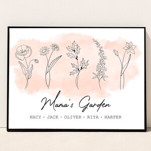 May include: A black and white line drawing of five different flowers on a pink watercolour background. The text "Mama's Garden" is written in cursive below the flowers. The names "Nacy, Jack, Oliver, Riya, Harper" are written below the text.