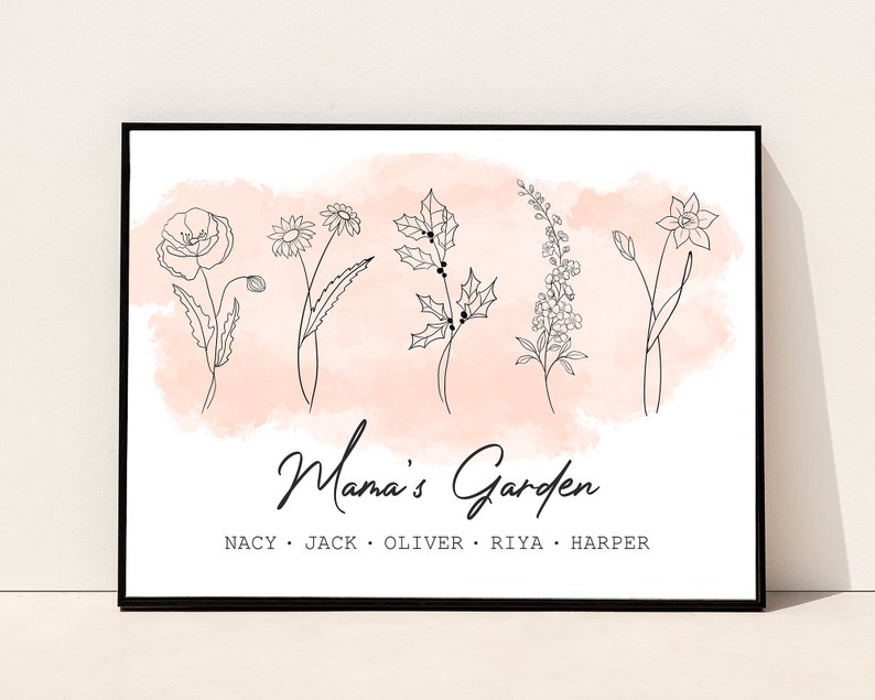 May include: A black and white line drawing of five different flowers on a pink watercolour background. The text "Mama's Garden" is written in cursive below the flowers. The names "Nacy, Jack, Oliver, Riya, Harper" are written below the text.