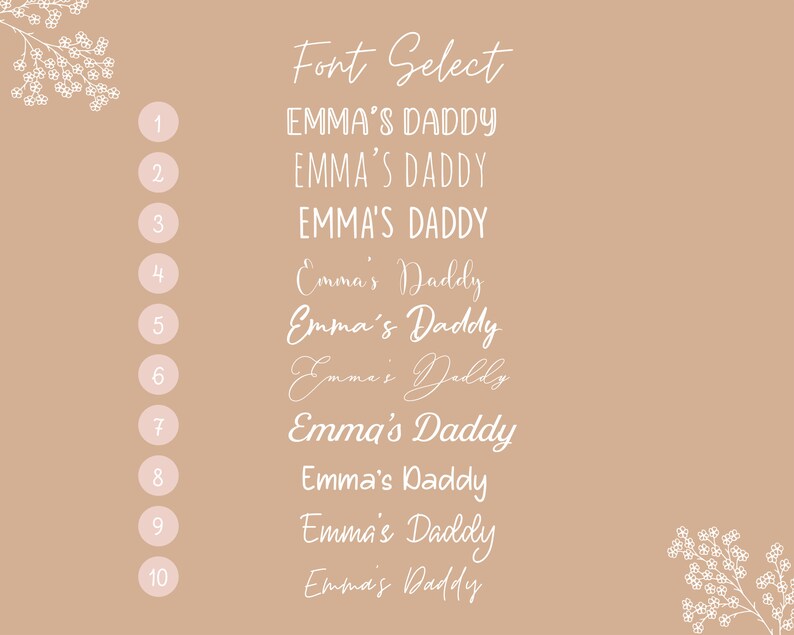 May include: A beige background with a white floral design on either side.  The text "Font Select" is at the top of the image.  The numbers 1 through 10 are listed on the left side of the image.  Next to each number is a different font style of the text "Emma's Daddy".