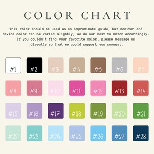 May include: Color chart with 28 different color swatches. The swatches are arranged in four rows of seven. Each swatch is labeled with a number from 1 to 28.