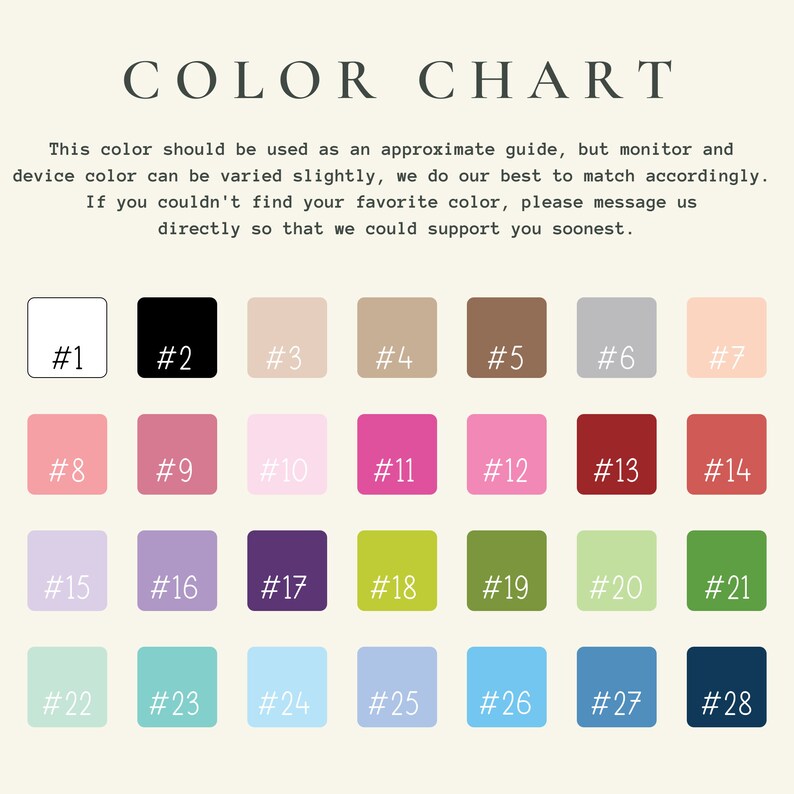 May include: Color chart with 28 different color swatches. The swatches are arranged in four rows of seven. Each swatch is labeled with a number from 1 to 28.