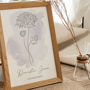 May include: A framed print featuring a watercolour background and a line drawing of a chrysanthemum flower. The print is titled "Remington James" with the word "CHRYSANTHEMUM" written beneath the flower.