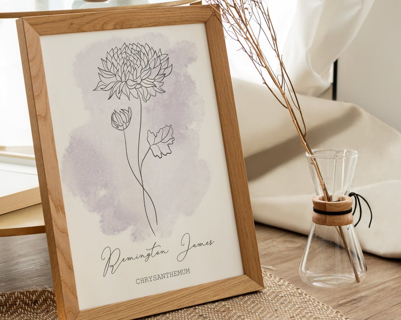 May include: A framed print featuring a watercolour background and a line drawing of a chrysanthemum flower. The print is titled "Remington James" with the word "CHRYSANTHEMUM" written beneath the flower.