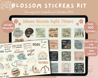 May include: A digital sticker kit with over 100 pre-cropped stickers for Goodnotes and individual PNGs. The stickers feature a variety of motivational quotes and illustrations in a boho style with a peach, green, and blue color scheme. The text "Hakuna Blossom Digital Stickers" is displayed at the top of the image.