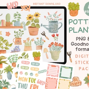 May include: Digital sticker pack featuring 83 potted plants, gardening tools, and planner stickers. The stickers are in a watercolour style with a light green, pink, and yellow colour scheme. The stickers include the text "TO-DO", "WEEKEND", "MON", "TUE", "WED", "THU", "FRI", and "BE HAPPY".