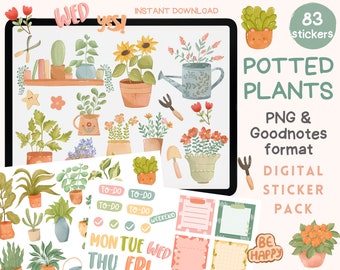 May include: Digital sticker pack with 83 potted plants, gardening tools, and planner stickers. The stickers are in a watercolor style with a light green, pink, and yellow color scheme. The stickers include the text "TO-DO", "WEEKEND", "MON", "TUE", "WED", "THU", "FRI", and "BE HAPPY".