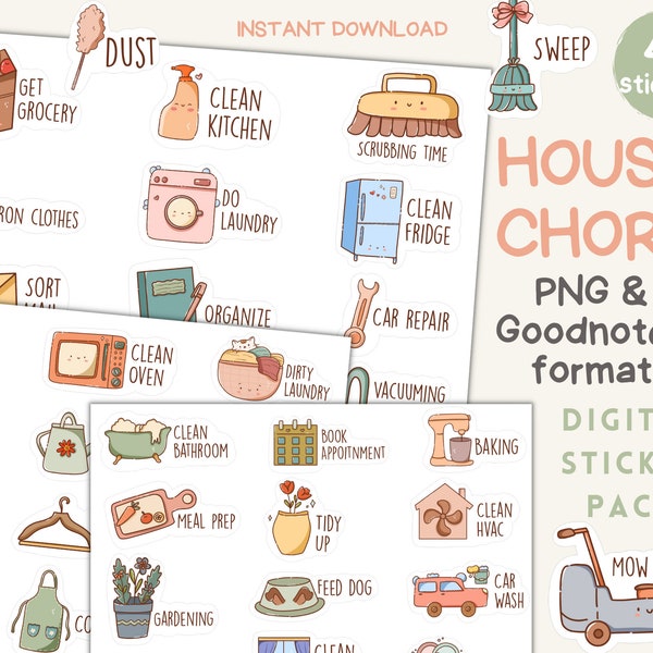 House Chore Goodnotes Stickers, Cleaning Digital Stickers for Ipad, Personal Chores Pre-cropped Digital Planner Stickers, Icon Stickers