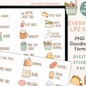 EVERYDAY LIFE ICON Stickers for Goodnotes, House Chores Digital Stickers, School, Work, Study, Workout Stickers, Notability Digital Stickers