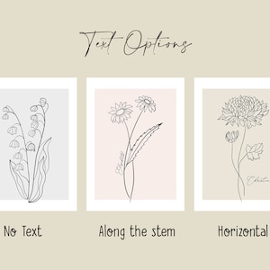 May include: Three illustrations of flowers with different text placement options. The first image shows a lily of the valley with no text. The second image shows a daisy with the text "Along the stem" written along the stem. The third image shows a chrysanthemum with the text "Christina" written horizontally below the flower.