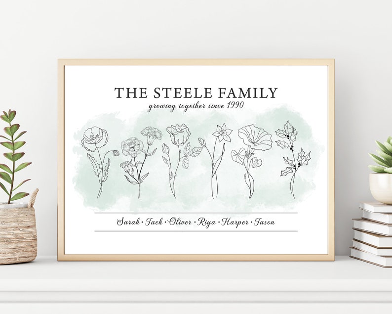 May include: A printable wall art design featuring a green watercolour background with black line drawings of flowers and the text "The Steele Family growing together since 1990". Below the flowers are the names "Sarah, Jack, Oliver, Riya, Harper, Jason".
