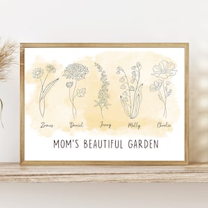 May include: A printable wall art design featuring five different flowers with names below each flower: James, Daniel, Jenny, Molly, and Charlie. The text "MOM'S BEAUTIFUL GARDEN" is below the flowers.