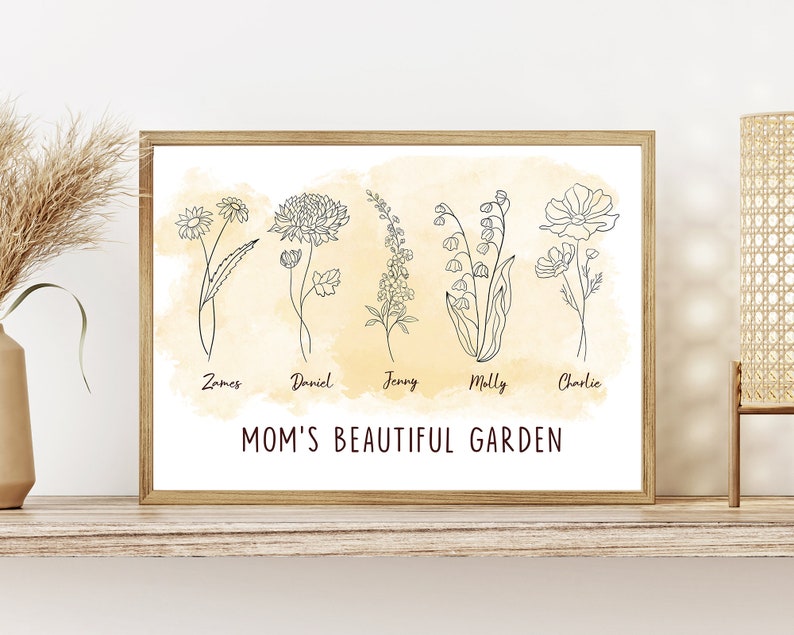 May include: A printable wall art design featuring five different flowers with names below each flower: James, Daniel, Jenny, Molly, and Charlie. The text "MOM'S BEAUTIFUL GARDEN" is below the flowers.