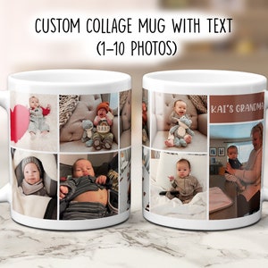May include: White ceramic mug with a collage of photos of a baby. The mug has a brown handle and the text "Kai's Grandma" on the right side.