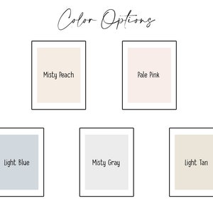 May include: Colour options for a product, including Misty Peach, Pale Pink, Light Blue, Misty Grey, and Light Tan.