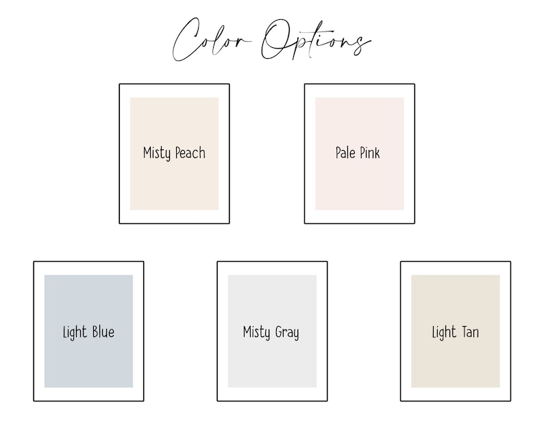 May include: Colour options for a product, including Misty Peach, Pale Pink, Light Blue, Misty Grey, and Light Tan.