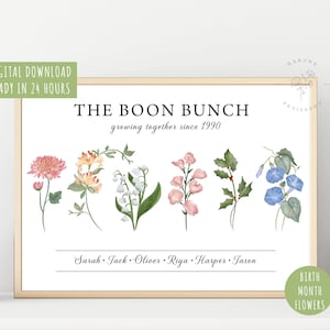 Estampado de flores de nacimiento en acuarela personalizable, estampado de ramos de flores de nacimiento familiar, ramos florales personalizados, arte floral del mes del nacimiento familiar