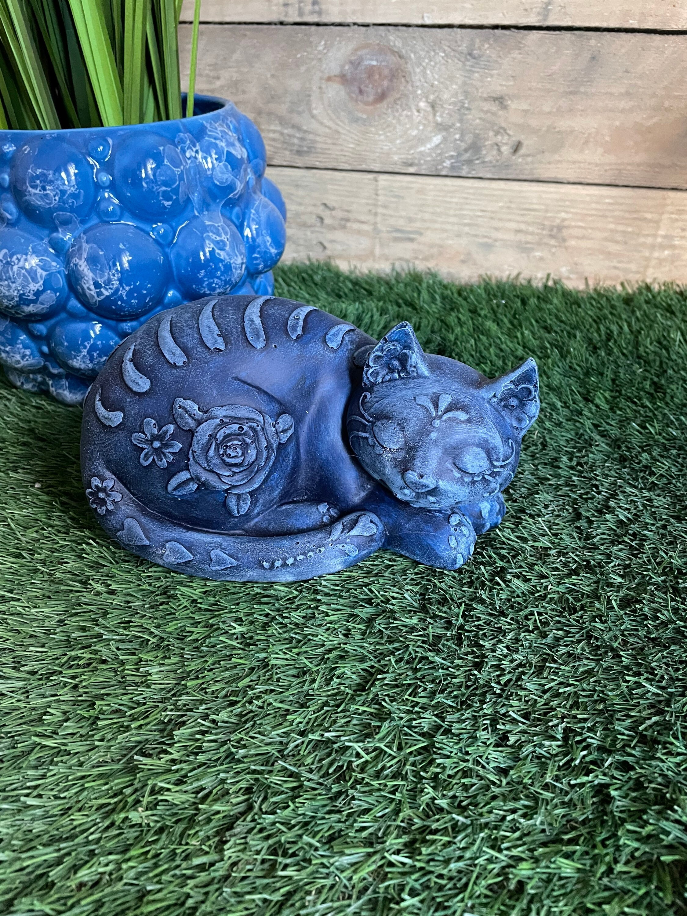 Sleeping Cat Statue in Midnight Blue Etsy UK