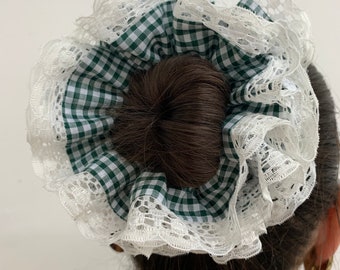 Beautiful Victoria  gingham Scrunchie , made from cotton and beautiful cotton  lace trim stitched on the edge