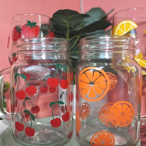 Cherry, Strawberry, Lemon, & Orange Fruit Patterned Glass Cups
