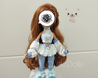 Poppenkleding ''Warme Kawaii Outfit''. Lintjes/Blauw/Rok. Cuttie.Dolls