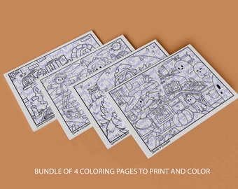 May include: A set of four black and white coloring pages featuring Halloween themes. The pages include a scarecrow, an owl, a witch, and a ghost.
