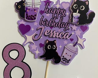 Bubble tea cake topper, Cat themed party decoration
