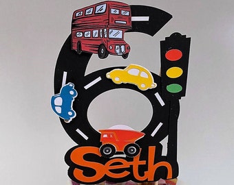 Car, Bus, Truck Cake Topper, Personalised Birthday Cake Topper, Customised Traffic Cake Topper,