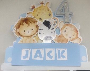 Cute Jungle Animals Cake Topper, Personalized Safari Theme, Custom Name Birthday Decor, Child's Party Decoration, Wild Animal Cupcake Topper