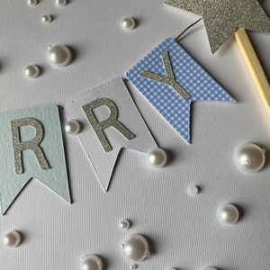 2 Cake Topper Happy Birthday Glitter Oro | Bandierine Nere E Blu Con Stelle | Decorazione Fai Da Te Per Torte