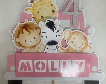 Cute Jungle Animals Cake Topper, Personalized Safari Theme, Custom Name Birthday Decor, Child's Party Decoration, Wild Animal Cupcake Topper