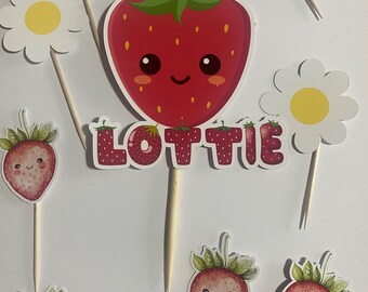 Personalised cute strawberry themed cake topper set, includes 1 large strawberry with name & 11 cupcake size toppers,