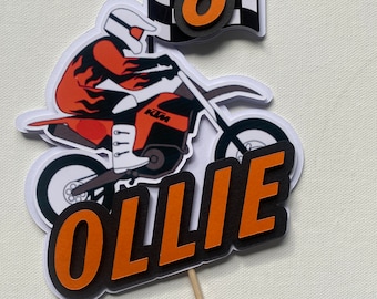 Personalised Orange Dirt Bike Cake Topper, Birthday Cake Decoration
