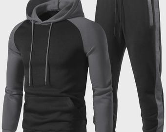 Men's Two-Tone Fleece Tracksuit: Pullover Hoodie & Joggers Set