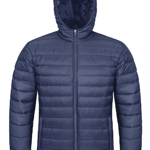 May include: A navy blue puffer jacket with a hood. The jacket has a full-length zipper and two side pockets. The jacket is designed with horizontal quilted lines and is made of a lightweight material. The hood is attached and can be adjusted for a snug fit.