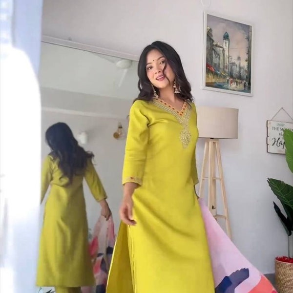 Ensemble de créateur pakistanais Kurti Dupatta pour femme et fille, robe combi 2 pièces, imprimé Salwar Kameez ready-made jaune rayonne lourde cousu