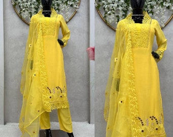 Designer Yellow Haldi Dola Silk Kurti Palazzo Dupatta | Indian Ethnic Women Festive Party Wear | Silk Kurti Wedding Dress Kurta,kurtaset